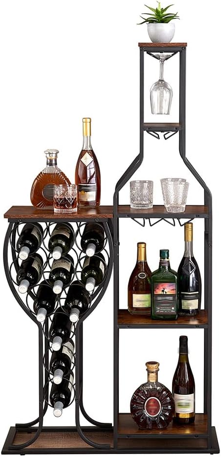Wine Rack Table, Freestanding Modern Wine Bar Cabinet with Hanging Wine Glass Holder and Storage Shelves Wood and Metal Liquor Cabinet Wine Storage Stand for Home Kitchen Dining Room