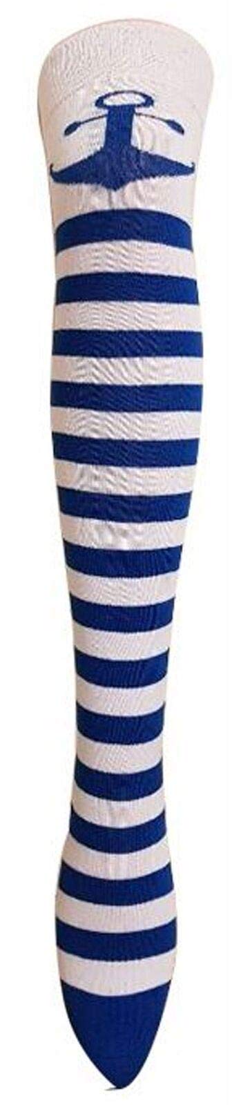 Ladies Stripe Printed Over the Knee High Socks Women Fancy Stretch OTK Socks Sailor Blue/White Stripe Print