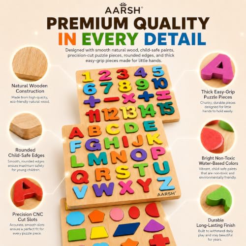 Image of 3 in 1 Wooden Educational Puzzle Board Toddler | ABCD Alphabet Number Shape Learning Toy | Kids 1-3 Years Montessori Skill Builder | Early Education Gift | Toddler Learning Activity | Multicolor