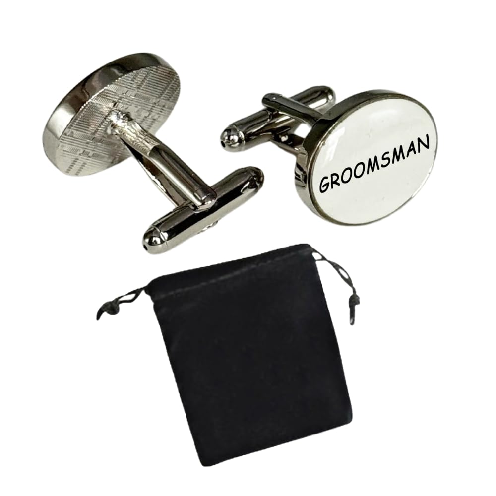 Virens Empourium Men's Wedding Cufflinks WHITE OVAL Cufflink, Groom Best Man Usher Page Boy and Many More Titles, Gift Pouch with Every Pair of Cuff Link (Groomsman)