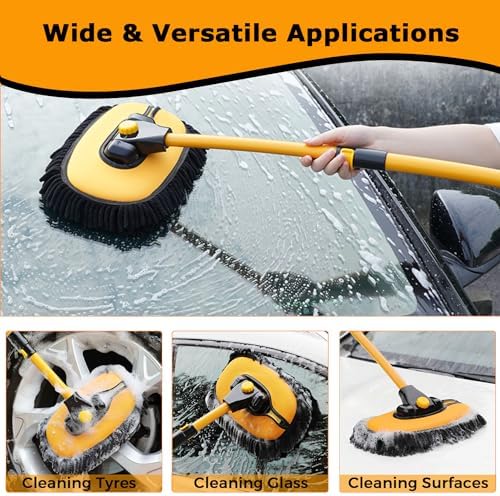 15° Arch Car Wash Brush with Long Handle 43" Telescopic Truck Camper Cleaning Mop RV Automotive Wheel Boat Windshield Exterior Interior 2 in 1 Microfiber Carwash Duster Not Hurt Paint Scratch Free - 3