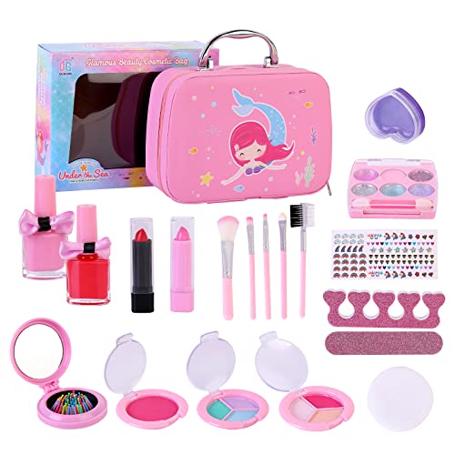 Souarts Maquillaje para niñas, Lavable, Juego de Maquillaje para niños, maletín de Maquillaje para niñas con Juego de esmaltes de uñas, Espejo Cover