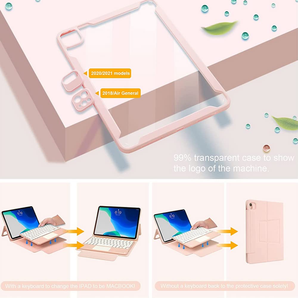 Étui avec clavier TouchPad pour iPad Pro 12.9 2021/2020/2018, double face magnétique en cuir et acrylique transparent avec clavier tactile amovible, rose