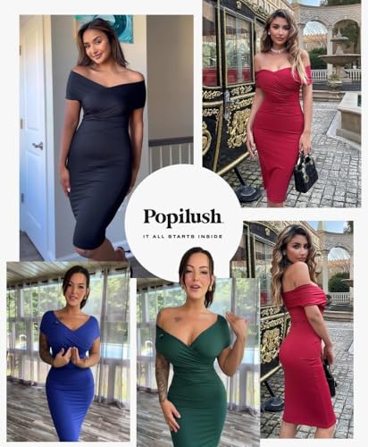 Image of Popilush Women's Shapewear Midi Dress Off Shoulder Wrap V Neck Formal Wedding Guest Cocktail Dresses Bodycon Evening Gowns
