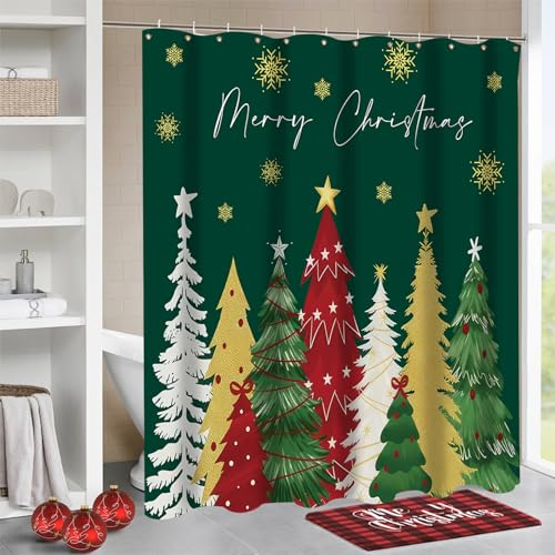Rideau de douche de Noël haut de gamme en polyester vert imperméable avec motifs de sapins