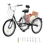 VEVOR Adult Tricycles Bike, 7 Speed Adult Trikes, 24 Inch Three-Wheeled Bicycles, Carbon Steel Cruiser Bike with Basket and Adjustable Seat, Picnic Shopping Tricycles for Seniors, Women, Men (Black)