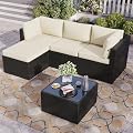 Aoxun Outdoor Patio Furniture Set, 5-Pieces All-Weather Rattan Sectional Sofa Conversation Set with Glass Coffee Table for Backyard Porch Poolside, Beige