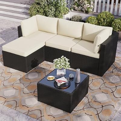Aoxun Outdoor Patio Furniture Set, 5-Pieces All-Weather Rattan Sectional Sofa Conversation Set with Glass Coffee Table for Backyard Porch Poolside, Beige