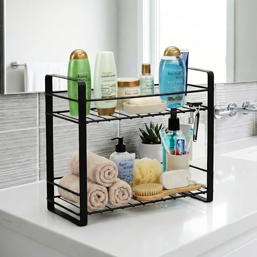 Image of TechSrmaji 2 Tier Stainless Steel Kitchen Rack | Multipurpose Storage Shelf for Kitchen & Bathroom | Rust Proof Dish Rack, Spice Organizer, Bathroom Shelf (Black)