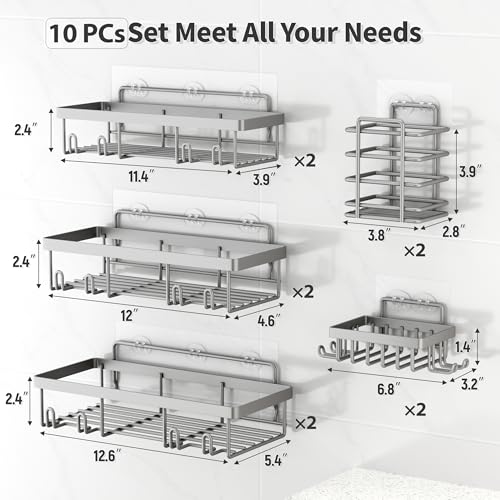 Image of Liuoud 10 Pack Shower Caddy Organizer Rack Shelf for Inside Shower, Self Adhesive Wall Storage Basket Rustproof Stainless Steel Shampoo Holder Bathroom Accessory Decor Set, Grey