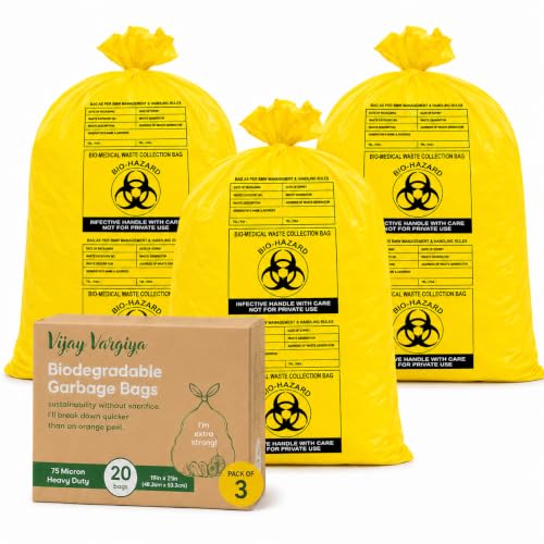 Image of Heavy Duty Biohazard /BioMedical Waste Bags | 75 Micron Medical Grade Hygiene Bio Waste Bags | Printed, Leak-Proof Garbage Bags | Yellow, 19 x 21 Inch | Pack of 60