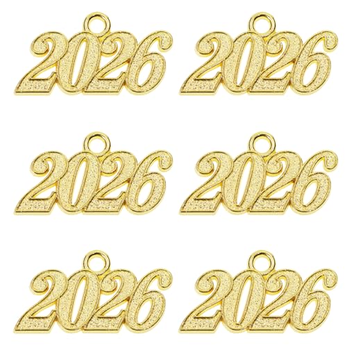 Shapenty Metal Year Signet 2026 DIY Pendant Charms for Graduation Tassels Bracelet Necklace Earrings Keychain Zipper Pulls Cellphone Craft Jewelry Making Christmas Party Decoration 6PCS (Gold)