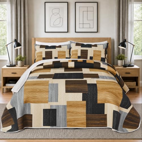 Image of Tyrot 3 Piece Brown Black Quilt King Size Wood Print Bedding Set