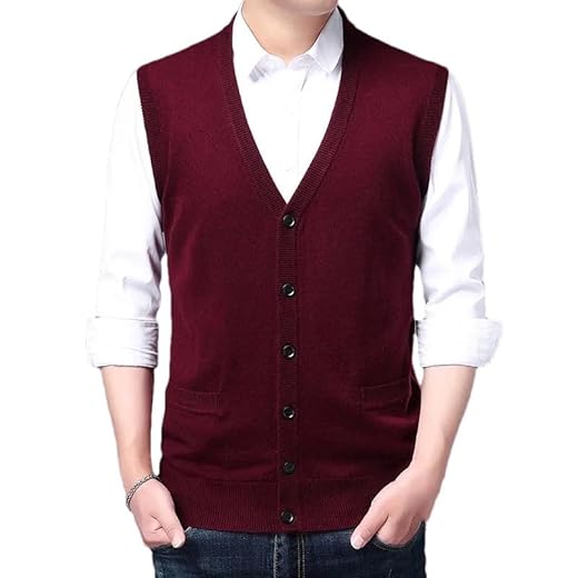 Men V Neck Knit Vest Sweater Woolen Casual Cardigan Waistcoat Business Golf Tank Tops, Burgundy, 3XL