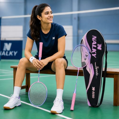 Image of Wide Body Aluminium Badminton Racket Set of 2 for Men & Women | Racquets with High Tension Strings | Indoor & Outdoor Racket with Carry Bag (Purple & Pink)