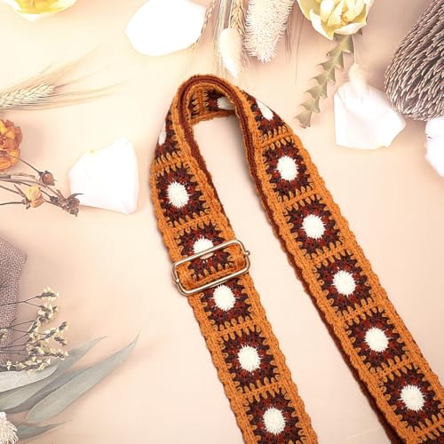 Image of Wide Purse straps Crochet Flower replacement crossbody for Handbag Adjustable Embroidery Knit Guitar Shoulder strap
