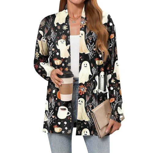 Halloween Cardigan Sweaters for Women Cute Cat Bat Pumpkin Cardigans with Pockets 2025 Fall Long Sleeve Open Front Sweater