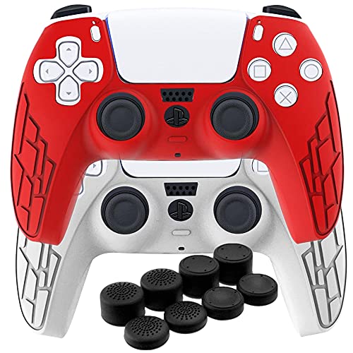 Memories Fundas Mando Compatible PS5 Silicona, Carcasas Dualsense Antideslizante, Cubierta Controlador x 2 (Rojo y Blanco) mas Agarre Pulgar Compatible Playstation 5 x 8 (Color Negro) Cover