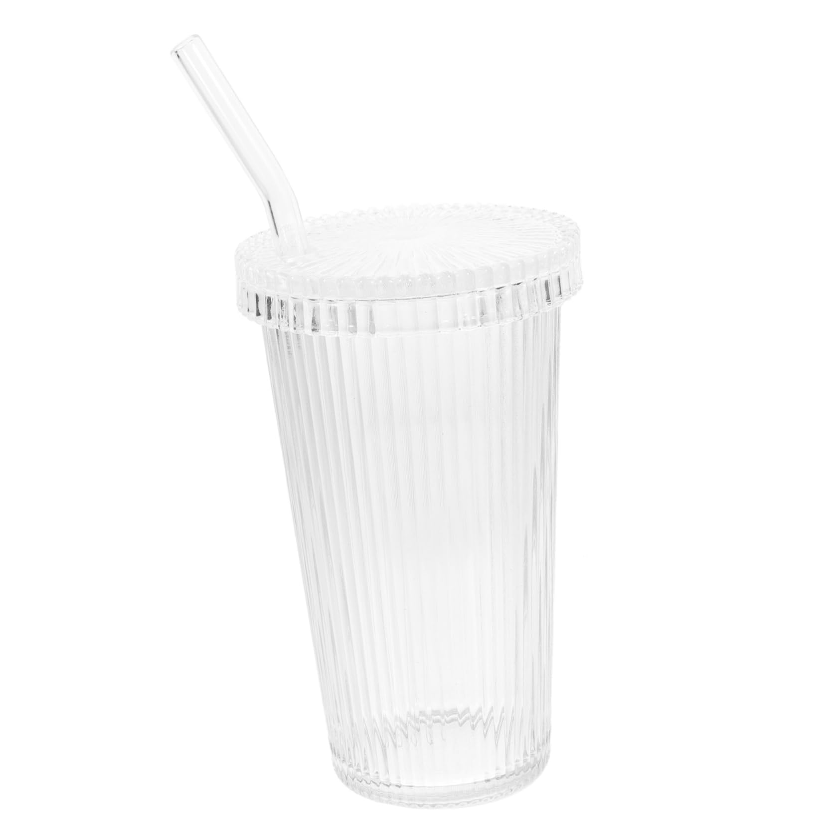 HEALEEP Glass Milk Straw Cup Vertical Stripe Pattern Coffee Cup Stylish and Practical
