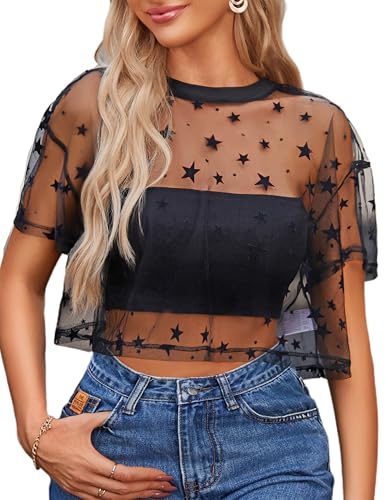 Avidlove Women's Mesh Tops See Through Shirts Short Sleeve Printed Crop Top Sheer Blouse Clubwear S-XXL