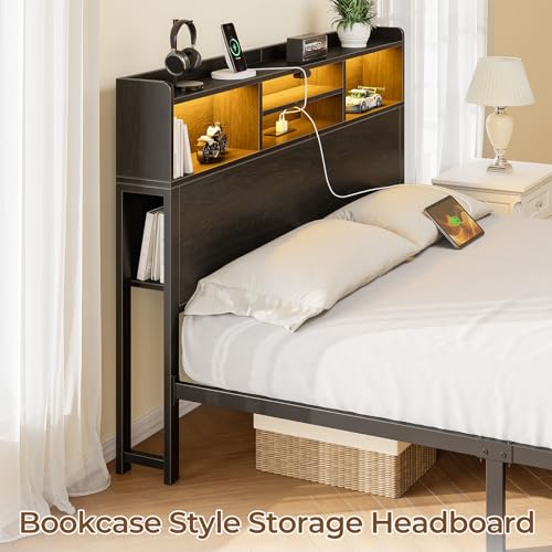 Image of Rolanstar Full Bed Frame with Storage Headboard & Side Shelf, Metal Platform Bed with Charging Station, LED Bed Frame, No Box Spring Needed, Easy Assembly, Noise-Free, Black