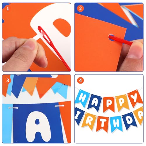 Image of Blue Orange Happy Birthday Banner Hanging Sign Circle Dot Triangle Bunting