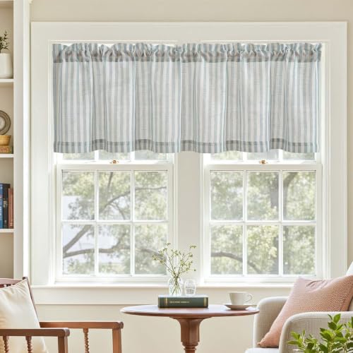 TOPICK Scheibengardinen Streifen Bistrogardine 1Stück H40xB125 Weiß Blau – Ansicht 2