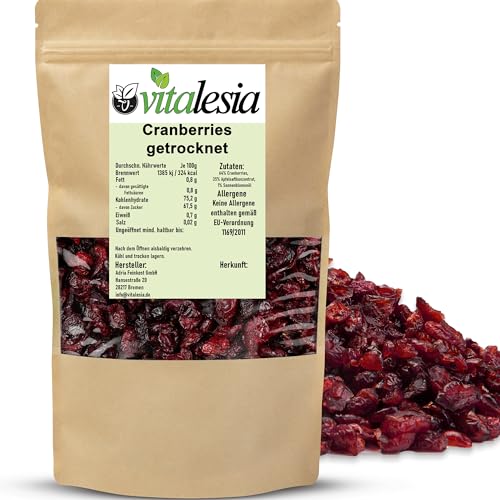 Vitalesia Cranberries mit Apfelsaft gesüßt 1kg | getrocknet & ungeschwefelt | Cranberry ohne Zuckerzusatz | fruchtig-süß US-Qualität | Preiselbeeren | vegan