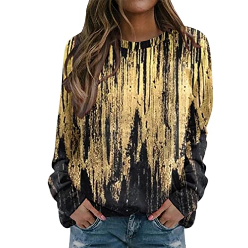 Generisch Sudadera para mujer con impresión 3D, manga larga, cuello redondo, otoño, invierno, manga larga, holgada, informal, deportiva, ropa de calle, sin capucha, blusa, dorado, XXL