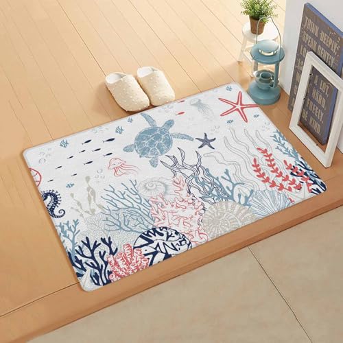 Yubilinco キッチンマット 海 サンゴ ヒトデ 貝殻 青 赤色 マット 合皮 踏み心地いい 撥水 直接拭ける 滑り止め付 保温 キッチン 台所 リビングルーム 部屋 玄関マット お手入れ簡単 直角長方形 丈夫 50×100cm