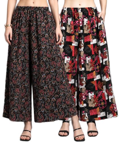 Image of Women Printed Palazzo Pants Combo Pack of 2, Comfortable Elastic Waist Lounge Pants for Women | Relaxed Fit, Loose Fitting Wide Leg Palazzo Pants, Casual Bottom (Available in S to 3XL Size)