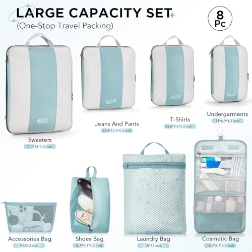 Image of OlarHike 8 Set Compression Packing Cubes for Travel Essentials,Compressible Expandable Space Saver Bags for Organizing Clothes,Luggage Suitcase Garment Bags with Over 1000 pcs Mesh Holes(Blue Gray)