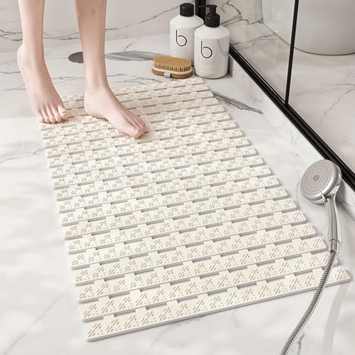 Alfombrilla antideslizante para bañera, alfombrilla de ducha con orificio de drenaje y grandes ventosas, masaje de pies y almacenamiento cómodo para bañera (blanco)