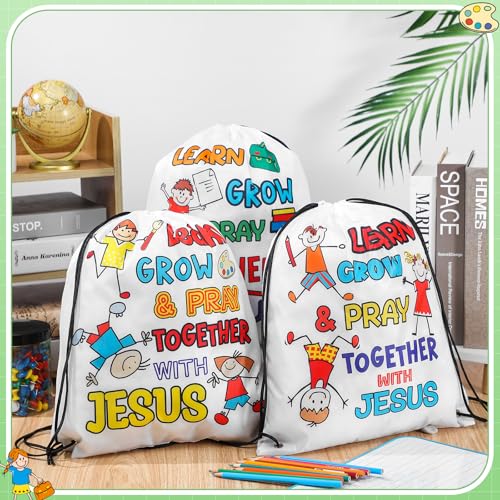 Kacctyen 24 Pcs Religious Drawstring Backpack Christian Learn Grow Pray Together with Jesus Drawstring Bags Bible Verse Religious Gift Bags for Vbs Sunday School Church Back to School Party Favors3