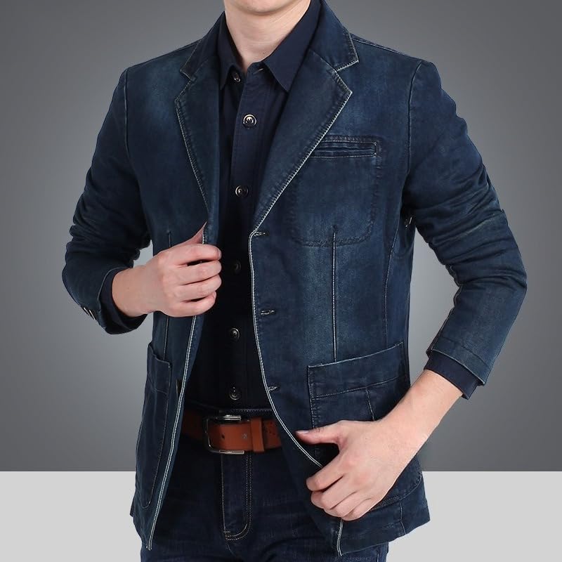Men's Classic Notched Collar Denim Blazer Slim Fit Two Button Business Jean Jacket Fashion Casual Suit Jackets3