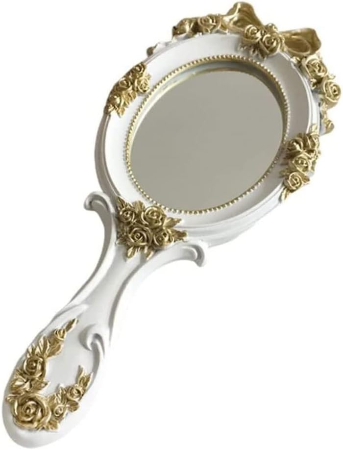 KANDUO Handheld Mirror Vanity Makeup Mirror Travel Princess Metal Cosmetic Mirror Portable Oval Embossed Rose Mirrors(White)