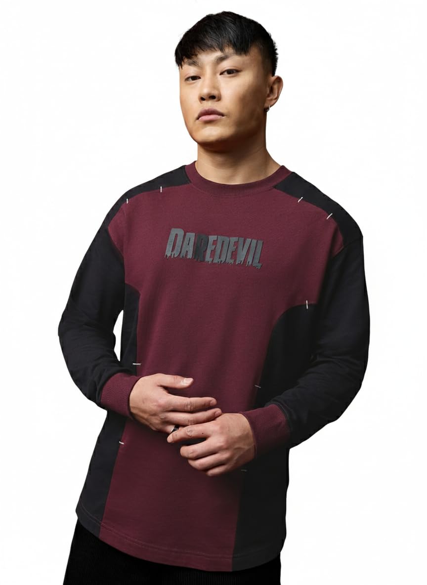 Daredevil: Fearless Men and Boys Long Sleeves Round Neck Burgundy Graphic Printed Casual Lightweight Drop Shoulder Streetwear Trendy Oversized Full Sleeve T-Shirt