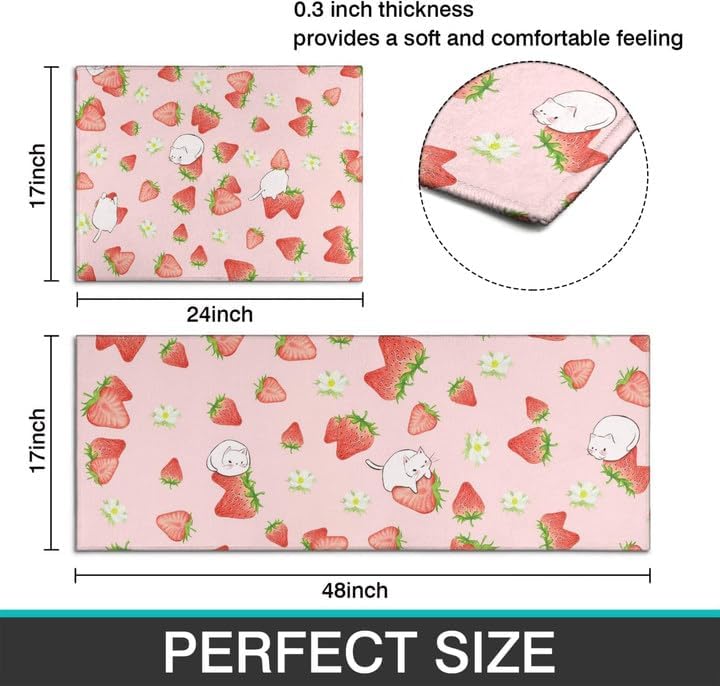 Strawberry Cat Kitchen Mats Set 2 Piece Pink Strawberry Printed Floormat 2-Piece Non Slip Comfort Kitchen Rugs Low-Profile Home Decorative Modern Kitchen Rug Heavy Strawberry Cat 1'5" x 4' (Square)