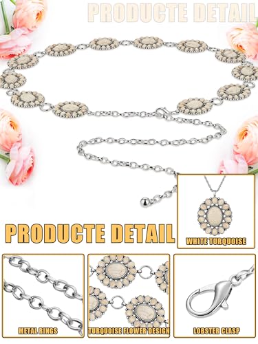 4 Pcs White Turquoise Concho Chain Belt Set Metal Western Waist Belts Turquoise Necklace Earrings Jewlery for Women3