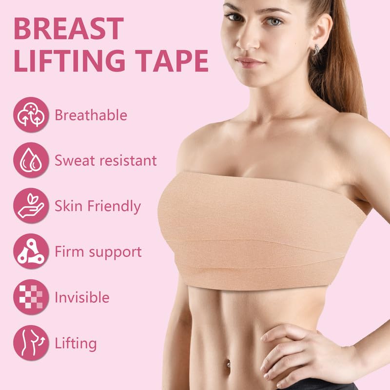 Image of TEAWOO Boob Tape Kit, Breast Lift Tape with Nipple Covers & Double Sided Tape, for A‑G Cup Sizes