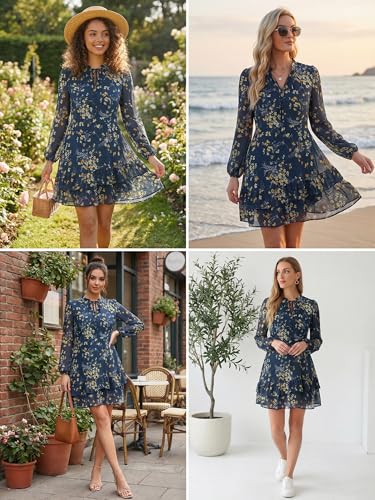 Image of Allegra K Women's Spring Dresses 2026 Tie V Neck Semi Sheer Long Sleeve Layered Tiered Chiffon Mini Floral Dress