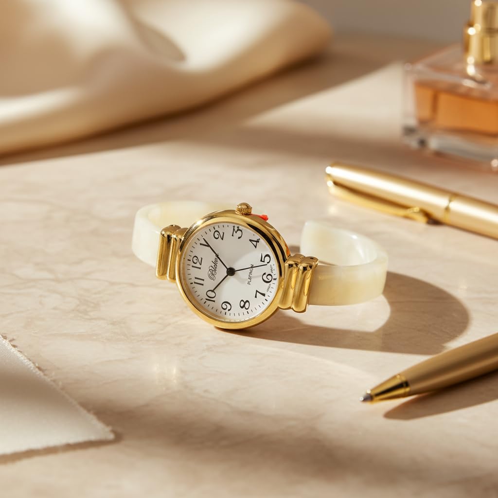 Blekon Collections Women's Round, Oval, Rectangle Case Shapes Acrylic Tortoise Shell Color Design Cuff Bangle Watch