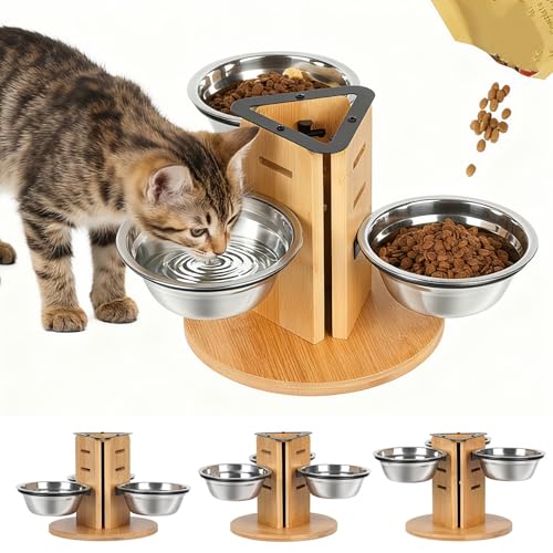 JAZUIHA Katzennapf Erhöht 3er Set, Höhenverstellbare Futterstation für Katzen und kleine Hunde, 14 cm Edelstahlnäpfe (350ml), 3 Stufen für Anpassbare Höhe
