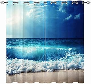 YUANZU Beach Curtains, Ocean Theme Tropical Summer Hawaiian Blue Sea Waves Scenery Pattern Eyelet Thermal Insulated Blackout 3D Print Window Drapes for Bedroom Living Room 2 Panels W117cm x D137cm