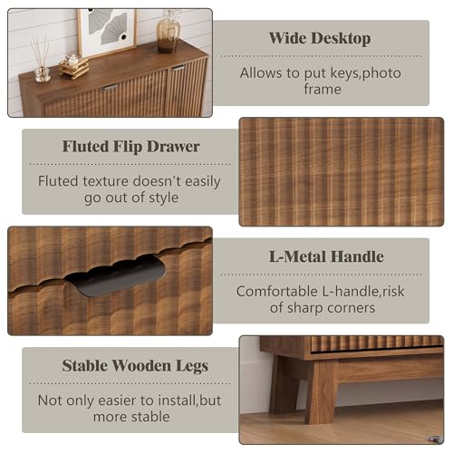 Image of Shoe Cabinet Storage for Entryway with 3 Flip Drawers & Side Cabinet, Fluted Narrow Shoe Organizer with Wooden Leg, Freestanding Shoe Storage Hidden Shoe Rack Organizer for Front Door Entrance, Walnut