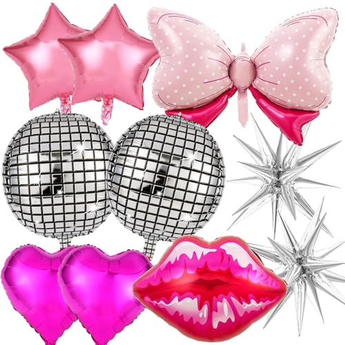 Image of 11 Pcs Hot Pink Princess Foil Balloons, Disco Ball Balloon, Girl Head Balloons, Pink and Silver Balloon for Box Photo Booth Backdrop, Birthday, Baby Shower, Bachelorette Theme Party Decorations