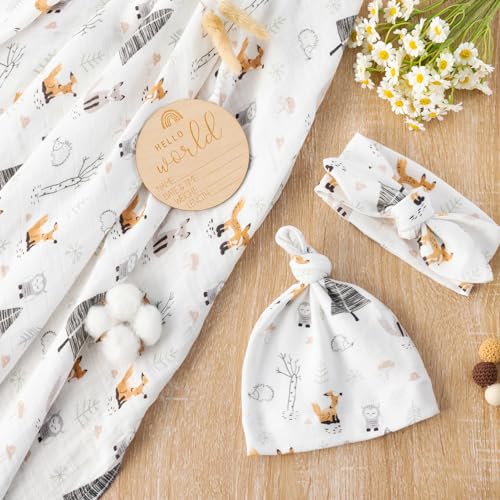 Image of BabyWhale Muslin Swaddle Blanket with Hat and Headband Bow, Animals Print Swaddle Set for Baby Boys ＆ Girls, Newborn Soft Receiving Blanket Wrap, Owls, Foxes, Hedgehogs Pattern, 47x47 inches