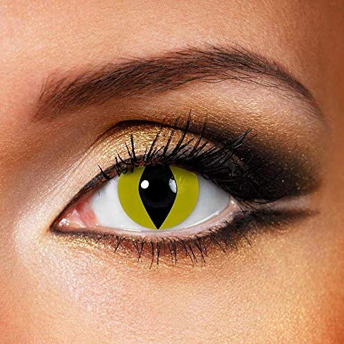 FreshGo Crazy Halloween & Cosplay Yearly Disposable Soft Colored Contact Lenses with Case (Yellow Cat Eye)