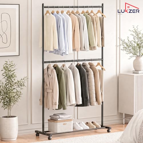Image of Lukzer Double Rod Garment Rack with Wheels | MGS-006 / Black | Heavy-Duty Metal Clothes Stand Organizer with Bottom Shelf | Rolling Clothing Rack for Bedroom, Laundry & Boutique (183 x 110 x 40 cm)