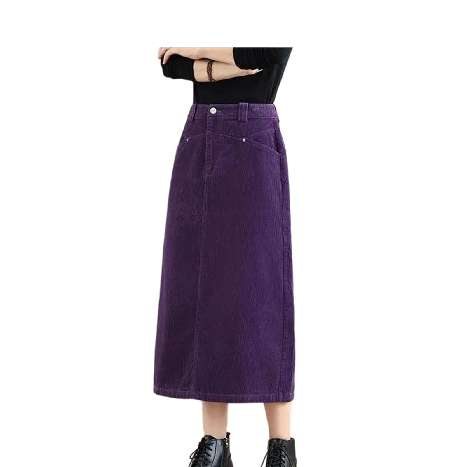 UIOKLMJH Womens Elegant Casual A-Line Corduroy Skirt Fall Winter Office Temperament Straight Long Skirt